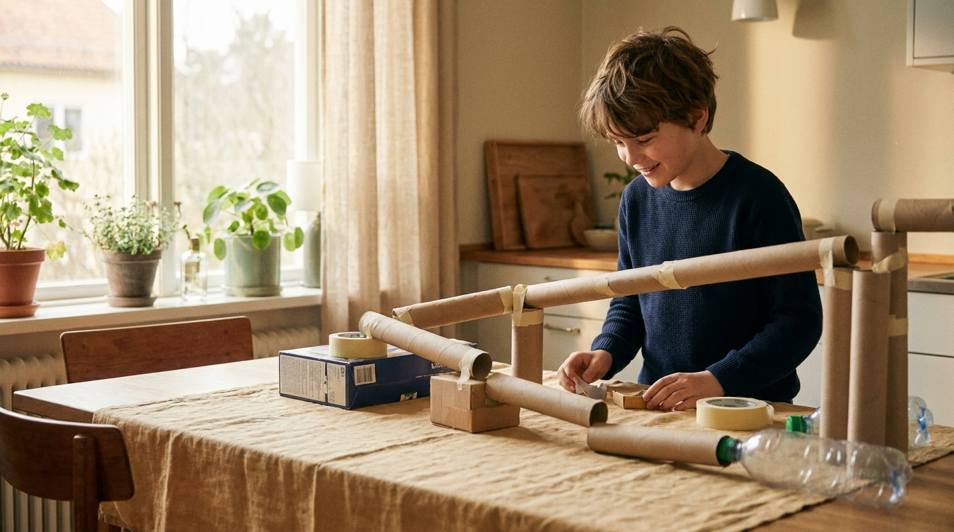 Een jongen bouwt een knikkerbaan van karton aan tafel